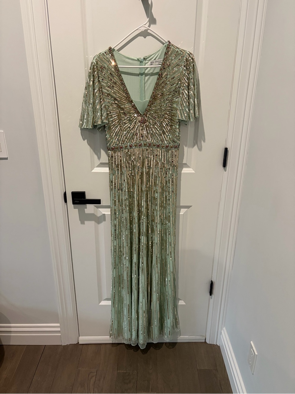 Mac Duggal Mint Green Sequined V-Neck Evening Gown